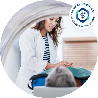 Doctor assisting a patient during an examination in a modern diagnostic device.